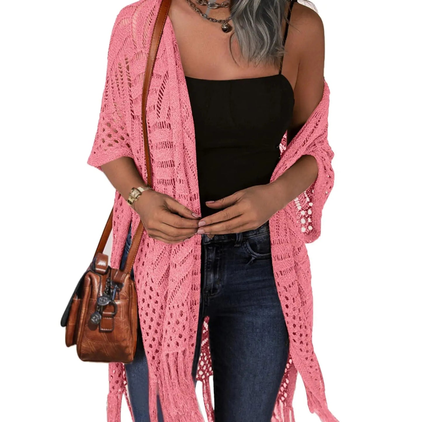 🥳2026 HOT SALE🥳💞50K+ SOLD!☕🧘♀️Women Oversized Knit Cardigan OpenFront Crochet Tassel Lightweight Kimono Sweater Spring Summer