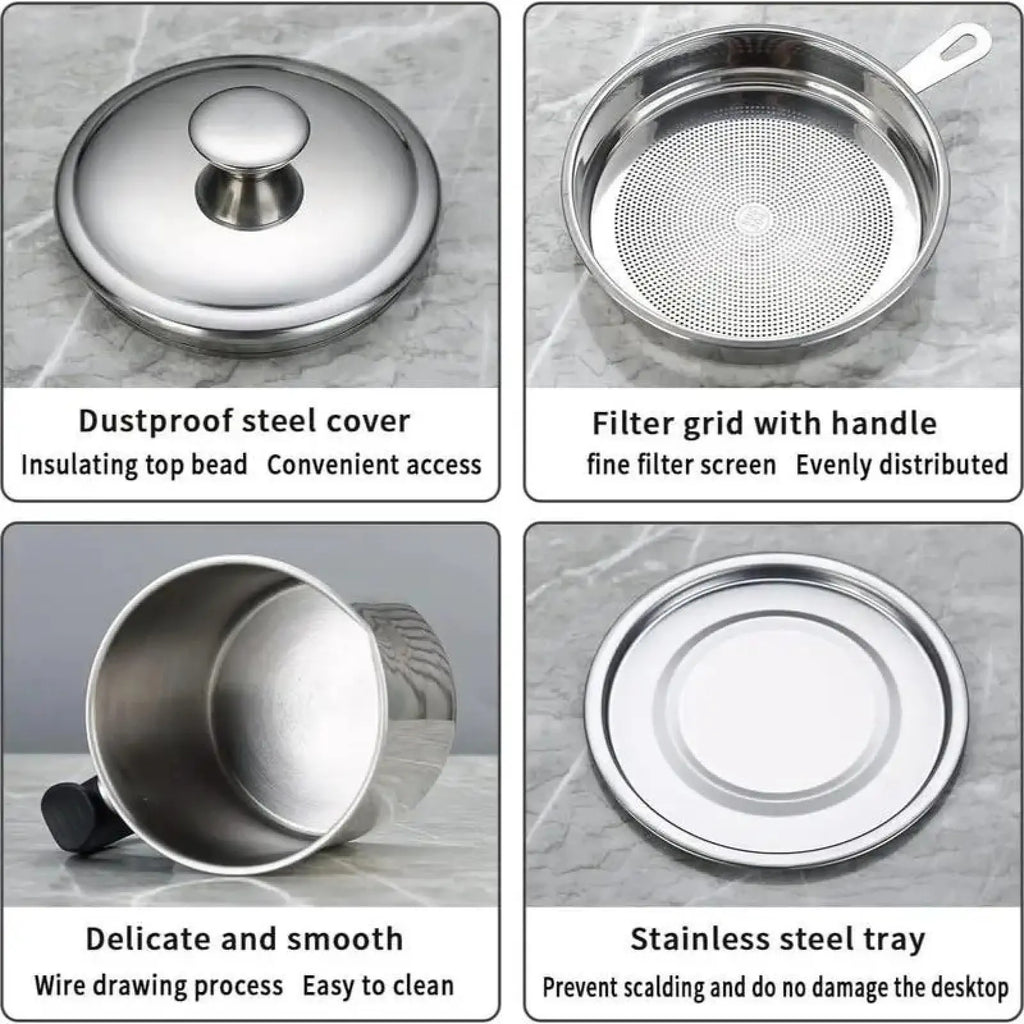 Modern Kitchen Oil Dispenser with Tray & Lid,Stainless Steel Oil Pot with Filter,Bacon Grease Container