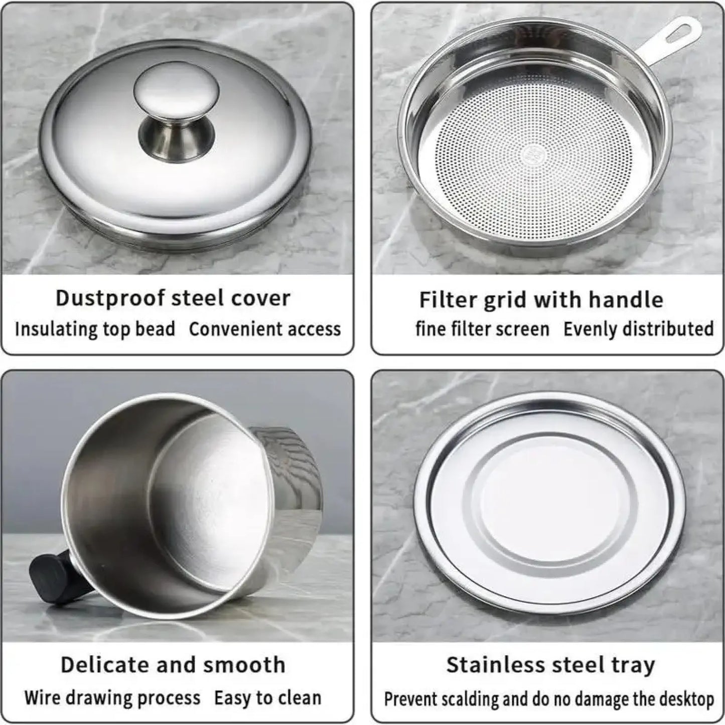 Modern Kitchen Oil Dispenser with Tray & Lid,Stainless Steel Oil Pot with Filter,Bacon Grease Container
