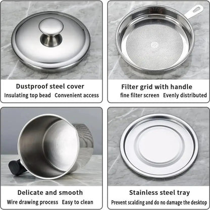 Modern Kitchen Oil Dispenser with Tray & Lid,Stainless Steel Oil Pot with Filter,Bacon Grease Container