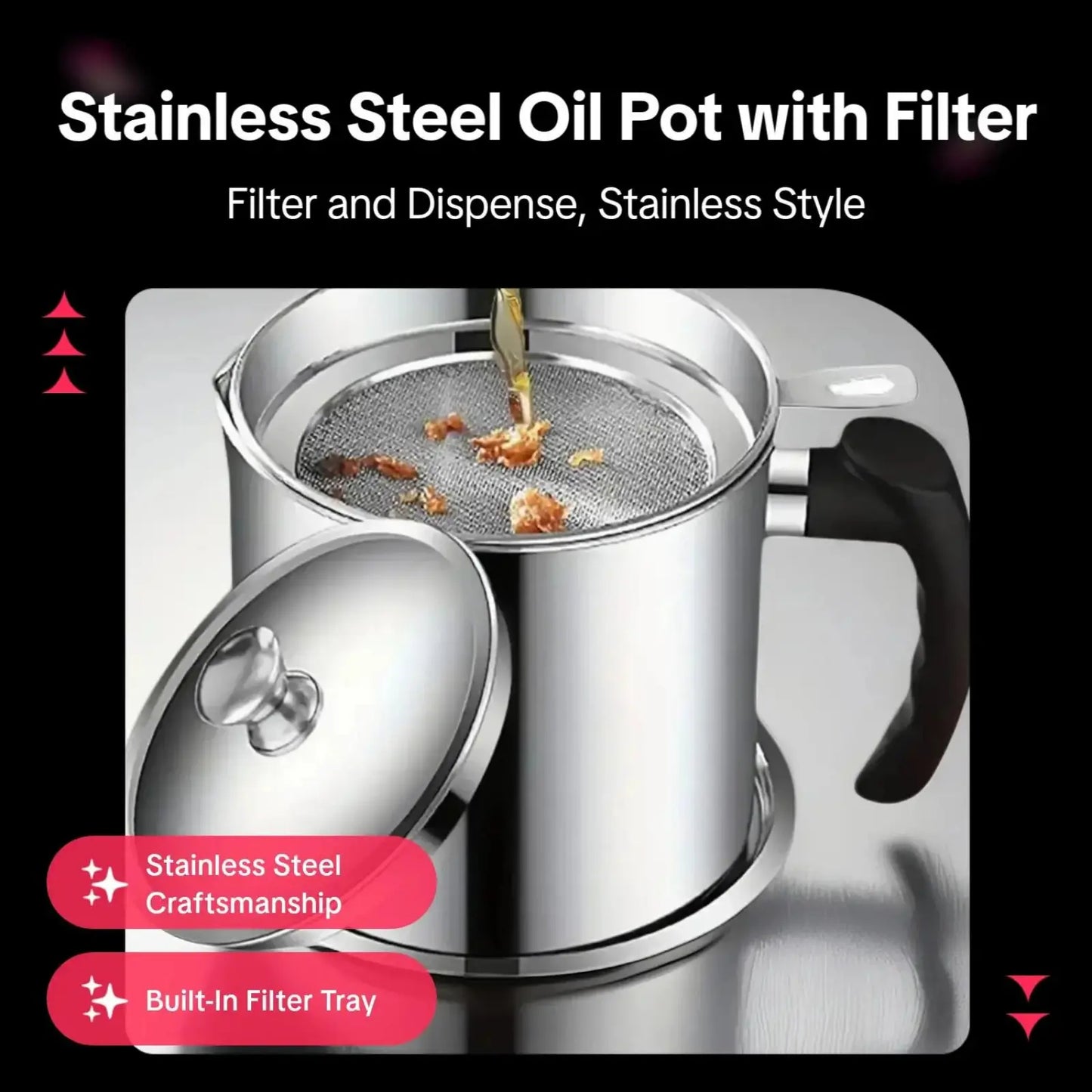 Modern Kitchen Oil Dispenser with Tray & Lid,Stainless Steel Oil Pot with Filter,Bacon Grease Container