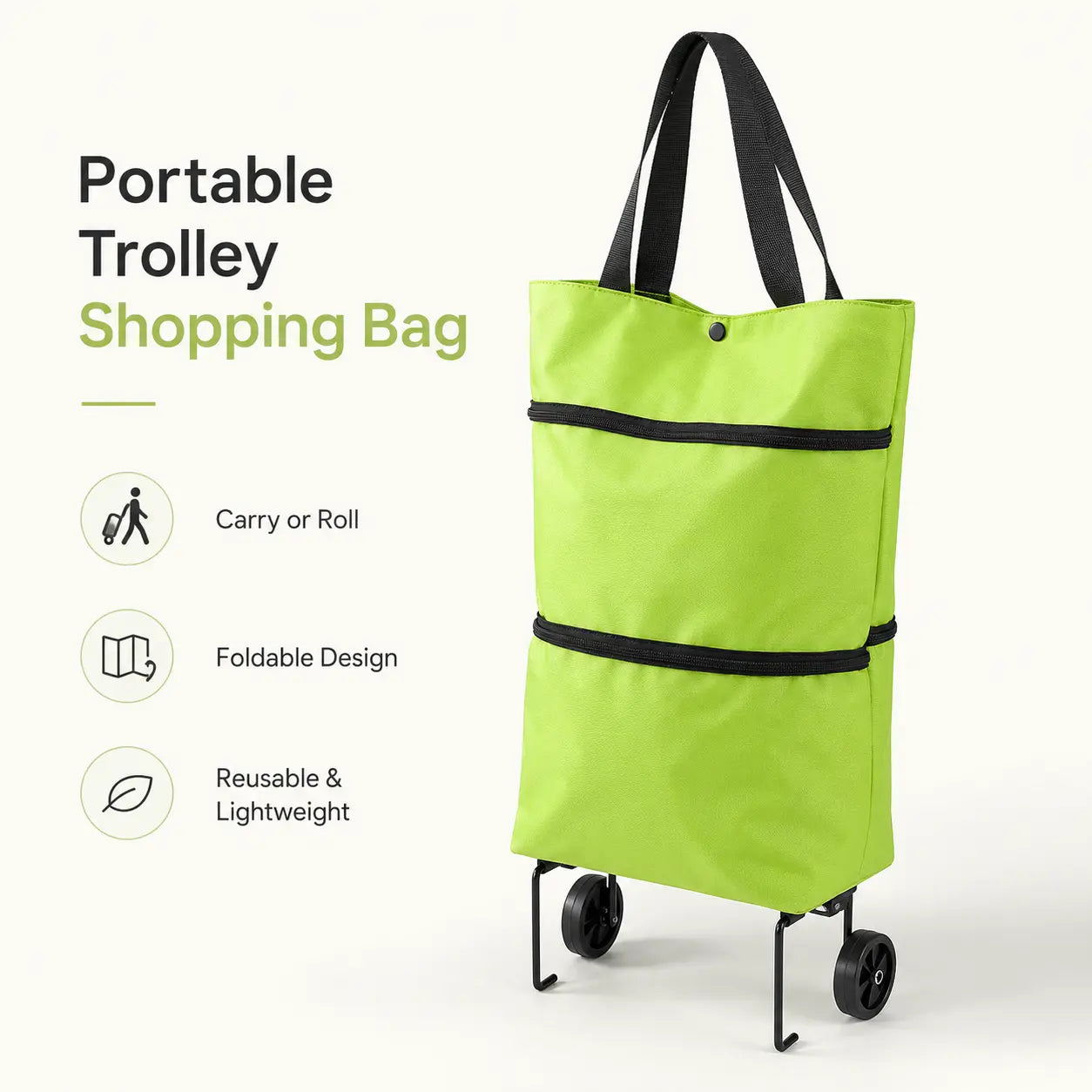 Foldable Shopping Trolley Bag with Wheels, Portable Reusable Grocery Tote, Lightweight Rolling Shopping Cart Bag with Carry Handles