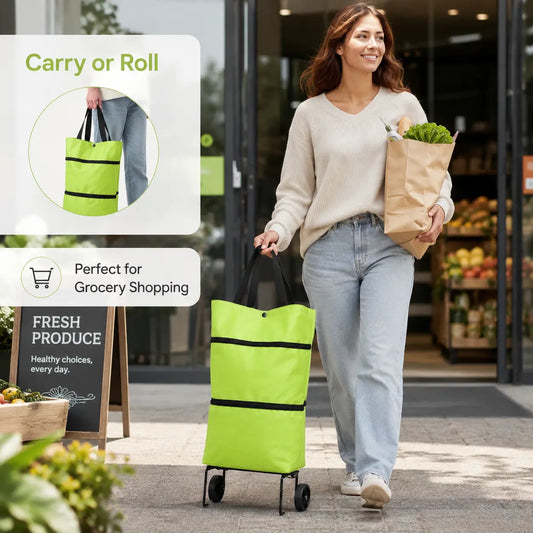 Foldable Shopping Trolley Bag with Wheels, Portable Reusable Grocery Tote, Lightweight Rolling Shopping Cart Bag with Carry Handles