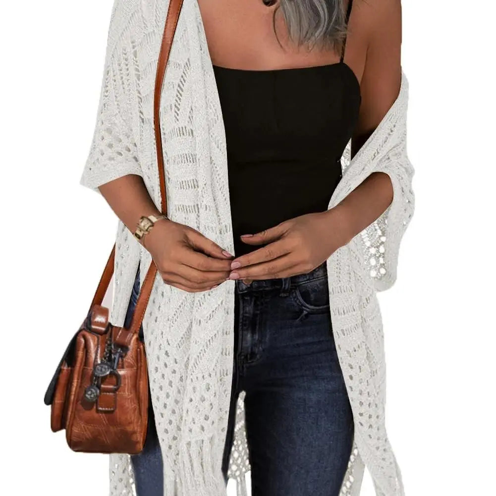 🥳2026 HOT SALE🥳💞50K+ SOLD!☕🧘‍♀️Women Oversized Knit Cardigan OpenFront Crochet Tassel Lightweight Kimono Sweater Spring Summer